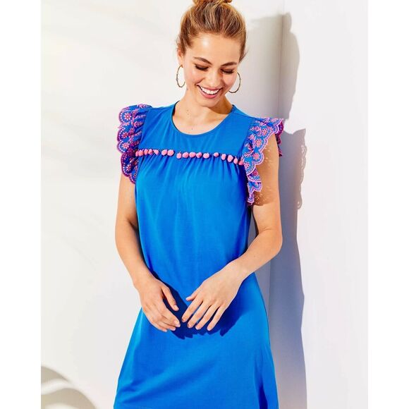 Lilly Pulitzer Dresses & Skirts - Lilly Pulitzer Ave Mini Dress Pom-Pom Eyelet Embroidered Blue Flare S NWD 279115